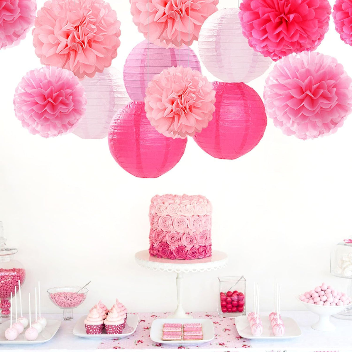 Light-Hot Pink Party-Decorations Paper-Flowers Lanterns - 15pcs Graduation Girl Birthday Decor Tissue Pom Poms Streamers, Bridal Baby Shower Wedding Bachelorette Valentine Hanging Supplies