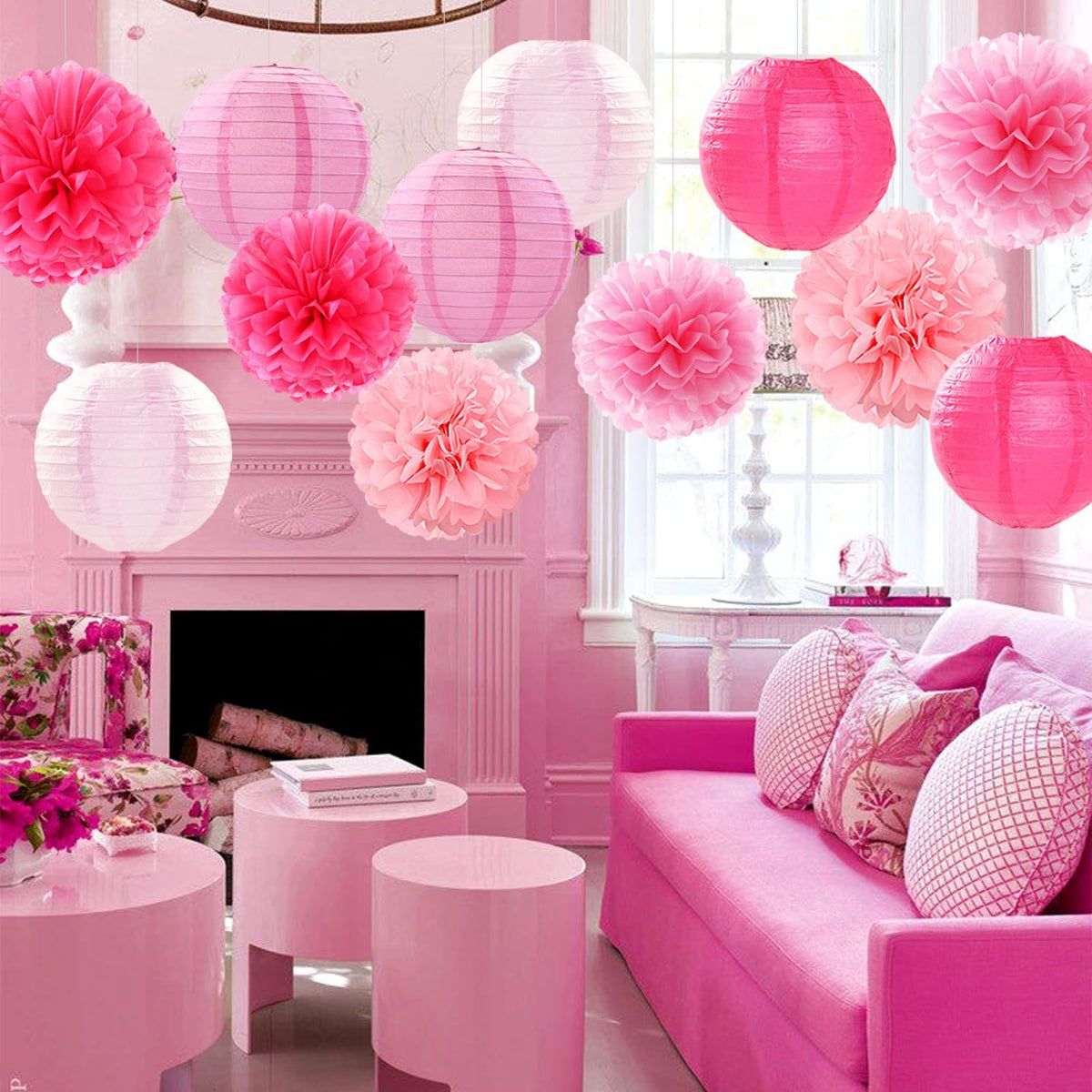 Light-Hot Pink Party-Decorations Paper-Flowers Lanterns - 15pcs Graduation Girl Birthday Decor Tissue Pom Poms Streamers, Bridal Baby Shower Wedding Bachelorette Valentine Hanging Supplies