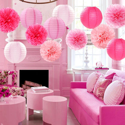 Light-Hot Pink Party-Decorations Paper-Flowers Lanterns - 15pcs Graduation Girl Birthday Decor Tissue Pom Poms Streamers, Bridal Baby Shower Wedding Bachelorette Valentine Hanging Supplies