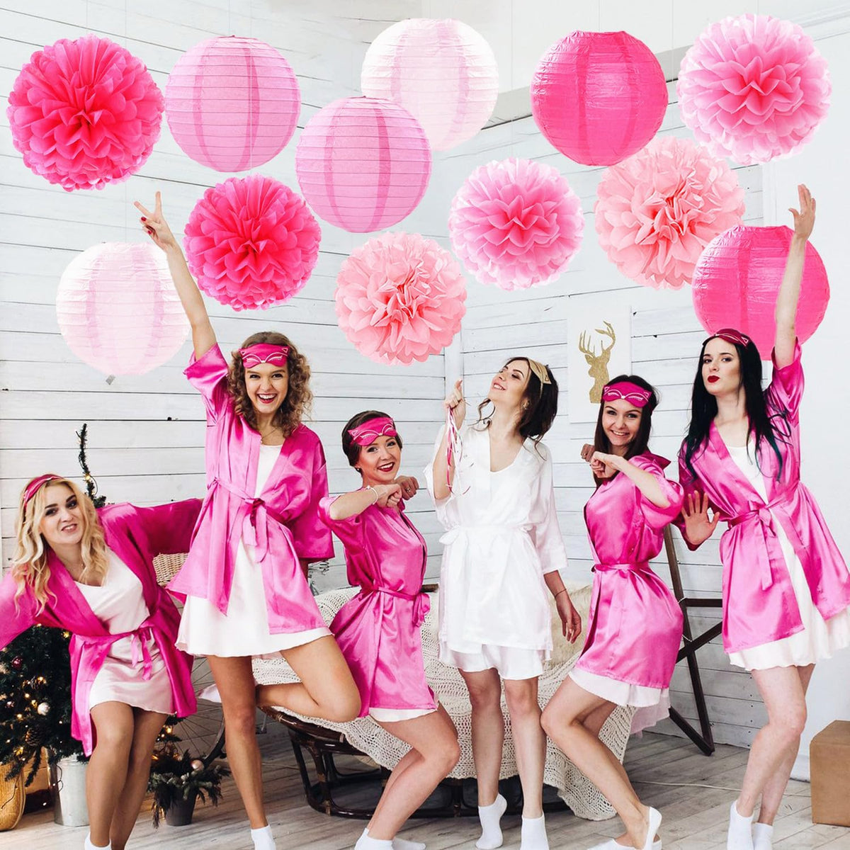 Light-Hot Pink Party-Decorations Paper-Flowers Lanterns - 15pcs Graduation Girl Birthday Decor Tissue Pom Poms Streamers, Bridal Baby Shower Wedding Bachelorette Valentine Hanging Supplies
