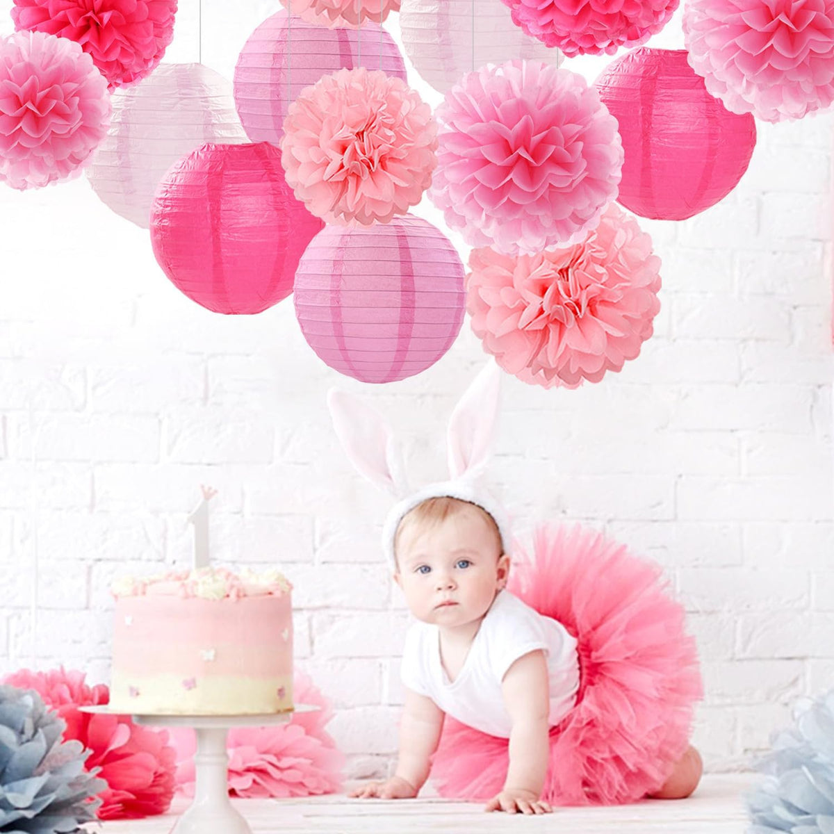 Light-Hot Pink Party-Decorations Paper-Flowers Lanterns - 15pcs Graduation Girl Birthday Decor Tissue Pom Poms Streamers, Bridal Baby Shower Wedding Bachelorette Valentine Hanging Supplies