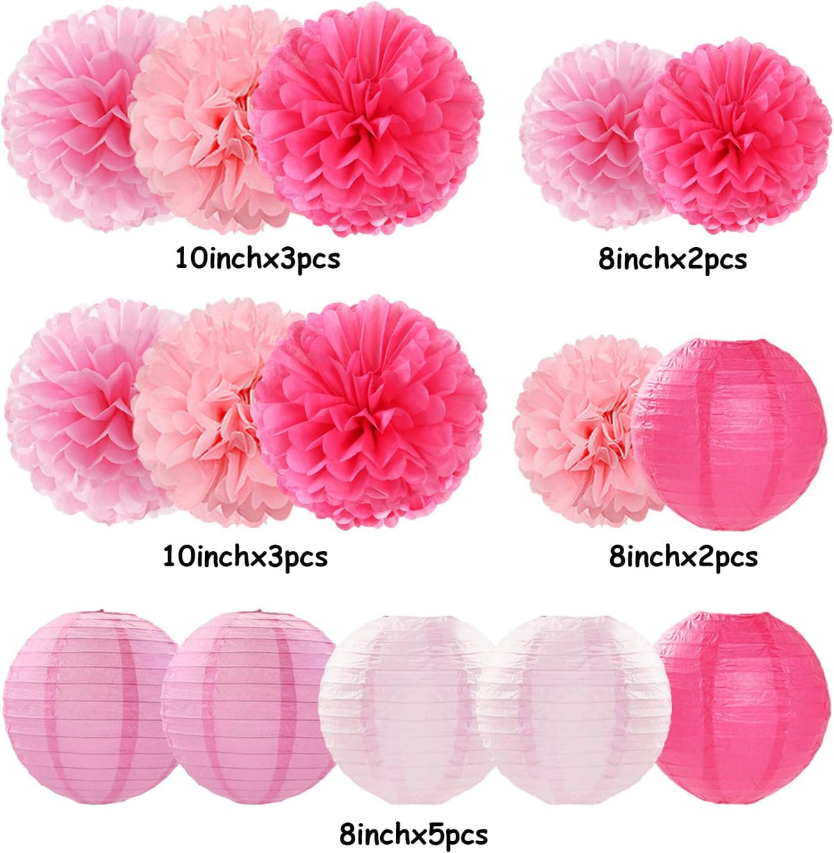 Light-Hot Pink Party-Decorations Paper-Flowers Lanterns - 15pcs Graduation Girl Birthday Decor Tissue Pom Poms Streamers, Bridal Baby Shower Wedding Bachelorette Valentine Hanging Supplies