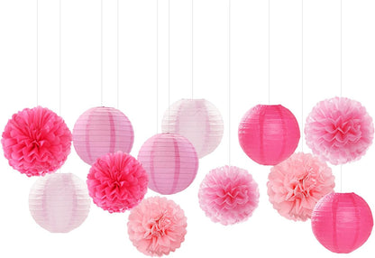 Light-Hot Pink Party-Decorations Paper-Flowers Lanterns - 15pcs Graduation Girl Birthday Decor Tissue Pom Poms Streamers, Bridal Baby Shower Wedding Bachelorette Valentine Hanging Supplies