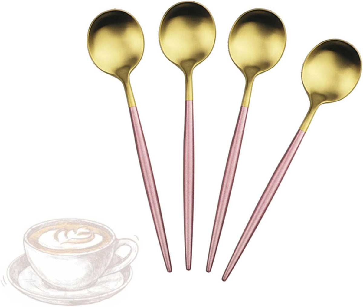 Pack of 4, Gold Plated Stainless Steel Espresso Spoons, Mini Teaspoons Set for Coffee Sugar Dessert Cake Ice Cream Soup Antipasto Cappuccino, 4.9 Inch - Matte Pink Gold