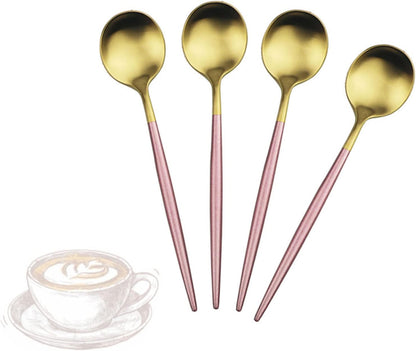 Pack of 4, Gold Plated Stainless Steel Espresso Spoons, Mini Teaspoons Set for Coffee Sugar Dessert Cake Ice Cream Soup Antipasto Cappuccino, 4.9 Inch - Matte Pink Gold