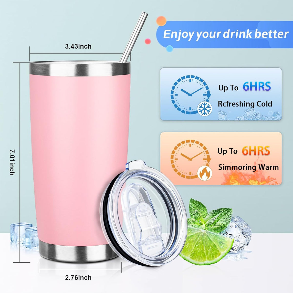 20oz Tumbler with Straw and Brush, Stainless Steel Vacuum Insulated tumbler, Double Wall Insulated Coffee Tumbler for Outdoor, Home, Travel,Office (Light Pink,1pcs)