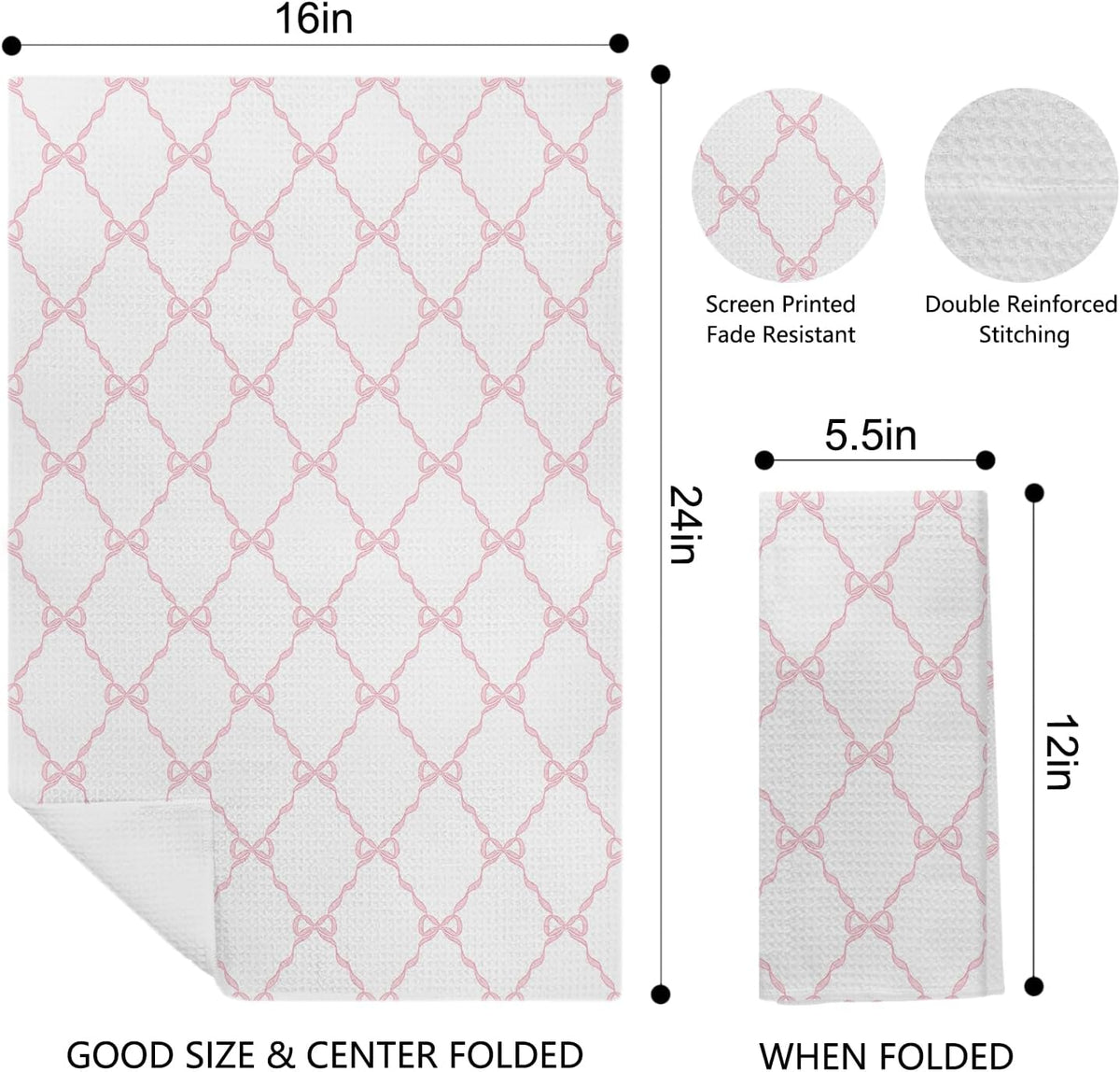 Light Pink Bow Coquette Kitchen & Bath Towels, 16x24 Inches