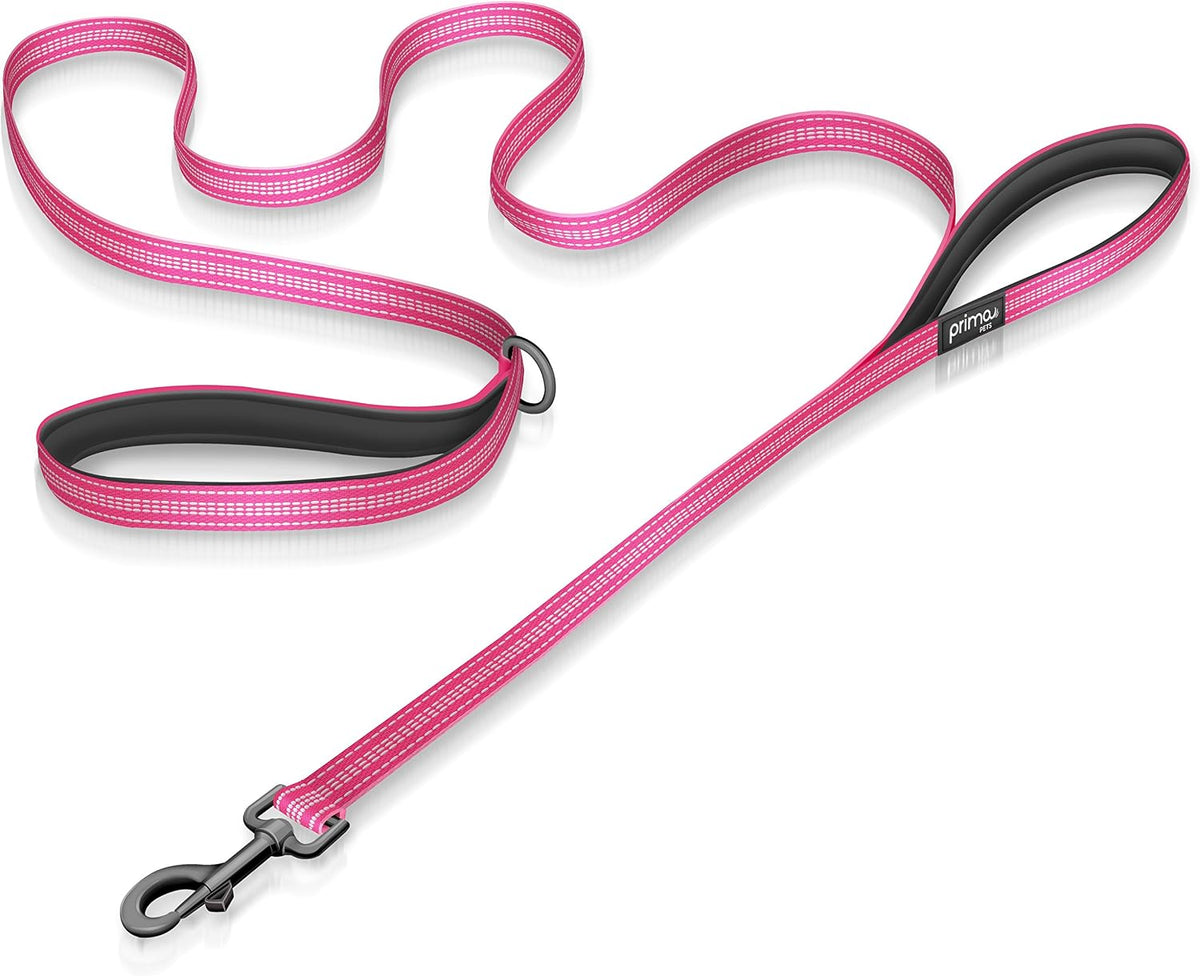 Reflective 6 Feet Nylon Dog Leash with Padded Double Handles, 2 Heavy Duty Neoprene Handles for Control Safety Training Durable Traffic Handle, for Small Dog (Small - 5/8" Width, Pink)