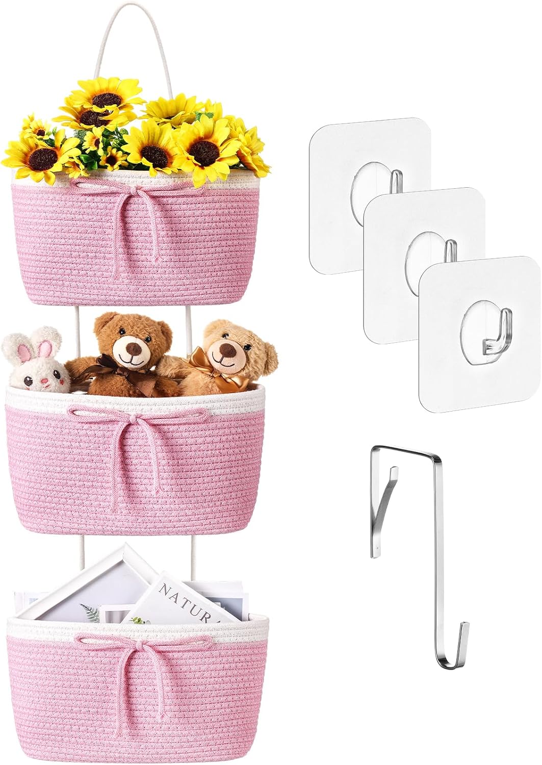 3 Tier Hanging Basket with Hook, Toy Storage, Pink, Bow