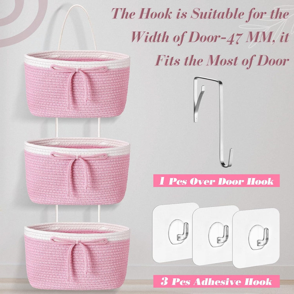 3 Tier Hanging Basket with Hook, Toy Storage, Pink, Bow