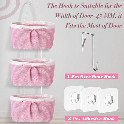 3 Tier Hanging Basket with Hook, Toy Storage, Pink, Bow