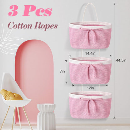 3 Tier Hanging Basket with Hook, Toy Storage, Pink, Bow