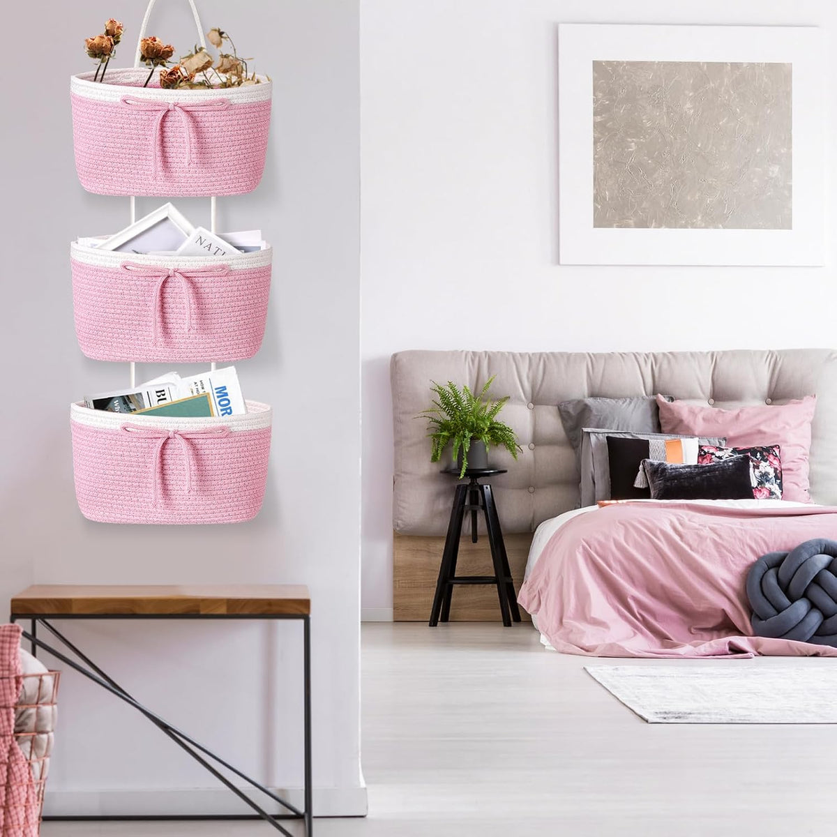 3 Tier Hanging Basket with Hook, Toy Storage, Pink, Bow