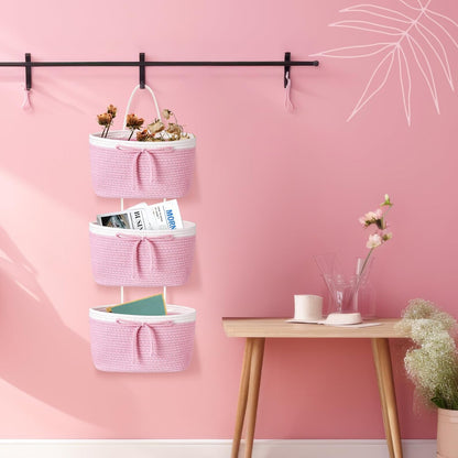3 Tier Hanging Basket with Hook, Toy Storage, Pink, Bow