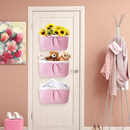 3 Tier Hanging Basket with Hook, Toy Storage, Pink, Bow