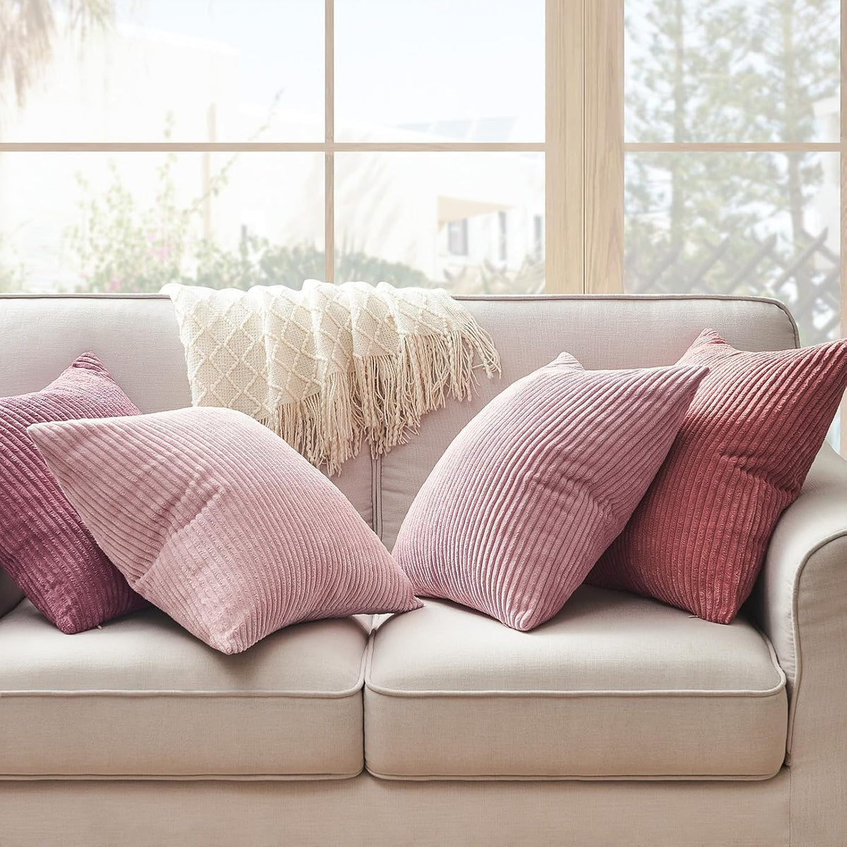 Pink Throw Pillows Covers 18x18 Inch Set of 4,Farmhouse Corduroy Decorative Cushion Case,Valentine's Day Pillow Case for Bedroom Couch Sofa Living Room,Spring Home Decor