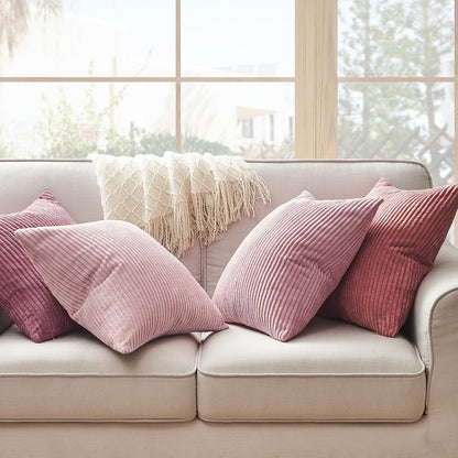 Pink Throw Pillows Covers 18x18 Inch Set of 4,Farmhouse Corduroy Decorative Cushion Case,Valentine's Day Pillow Case for Bedroom Couch Sofa Living Room,Spring Home Decor