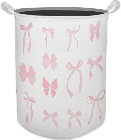 Pink Girls Laundry Basket, Toybox for Girl Room, Coquette Pink Bow Ribbon Laundry Basket Hamper Waterproof Collapsible Clothes Toys Storage Bin Organizer for Bedroom Bathroom Girls Room Dorm