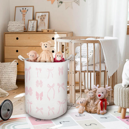 Pink Girls Laundry Basket, Toybox for Girl Room, Coquette Pink Bow Ribbon Laundry Basket Hamper Waterproof Collapsible Clothes Toys Storage Bin Organizer for Bedroom Bathroom Girls Room Dorm