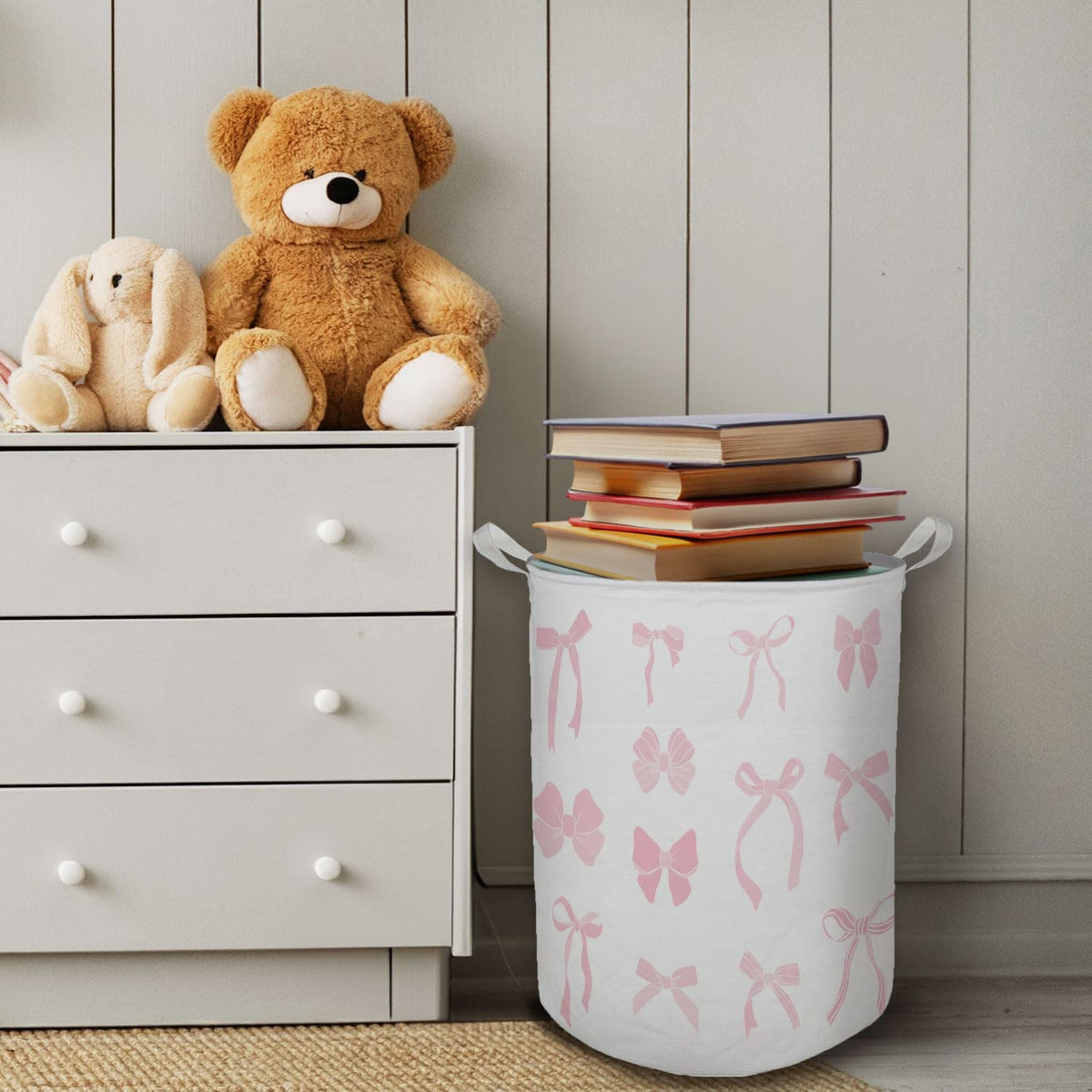 Pink Girls Laundry Basket, Toybox for Girl Room, Coquette Pink Bow Ribbon Laundry Basket Hamper Waterproof Collapsible Clothes Toys Storage Bin Organizer for Bedroom Bathroom Girls Room Dorm