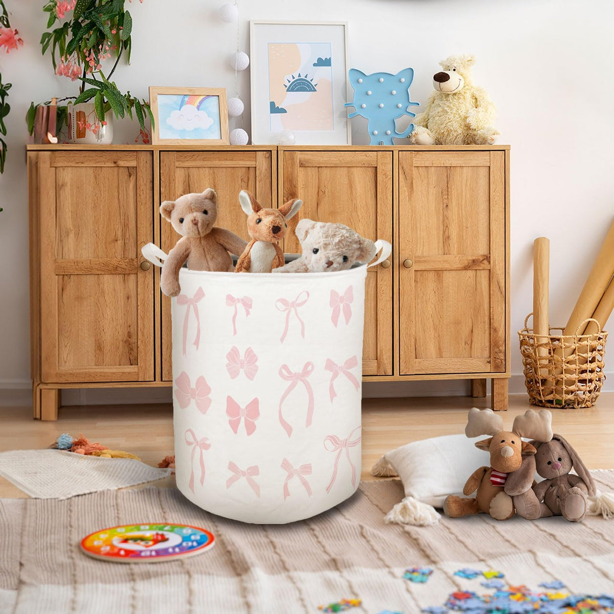 Pink Girls Laundry Basket, Toybox for Girl Room, Coquette Pink Bow Ribbon Laundry Basket Hamper Waterproof Collapsible Clothes Toys Storage Bin Organizer for Bedroom Bathroom Girls Room Dorm