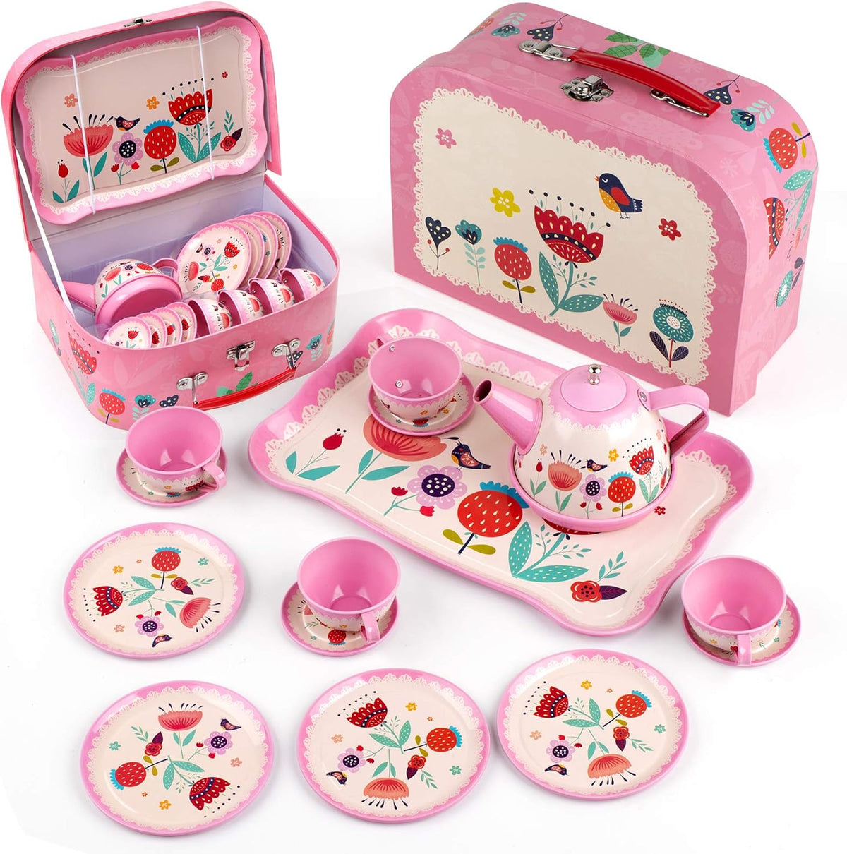 Tea Party Set for Little Girls, 15Pcs Pink Tin Tea Set for Toddler