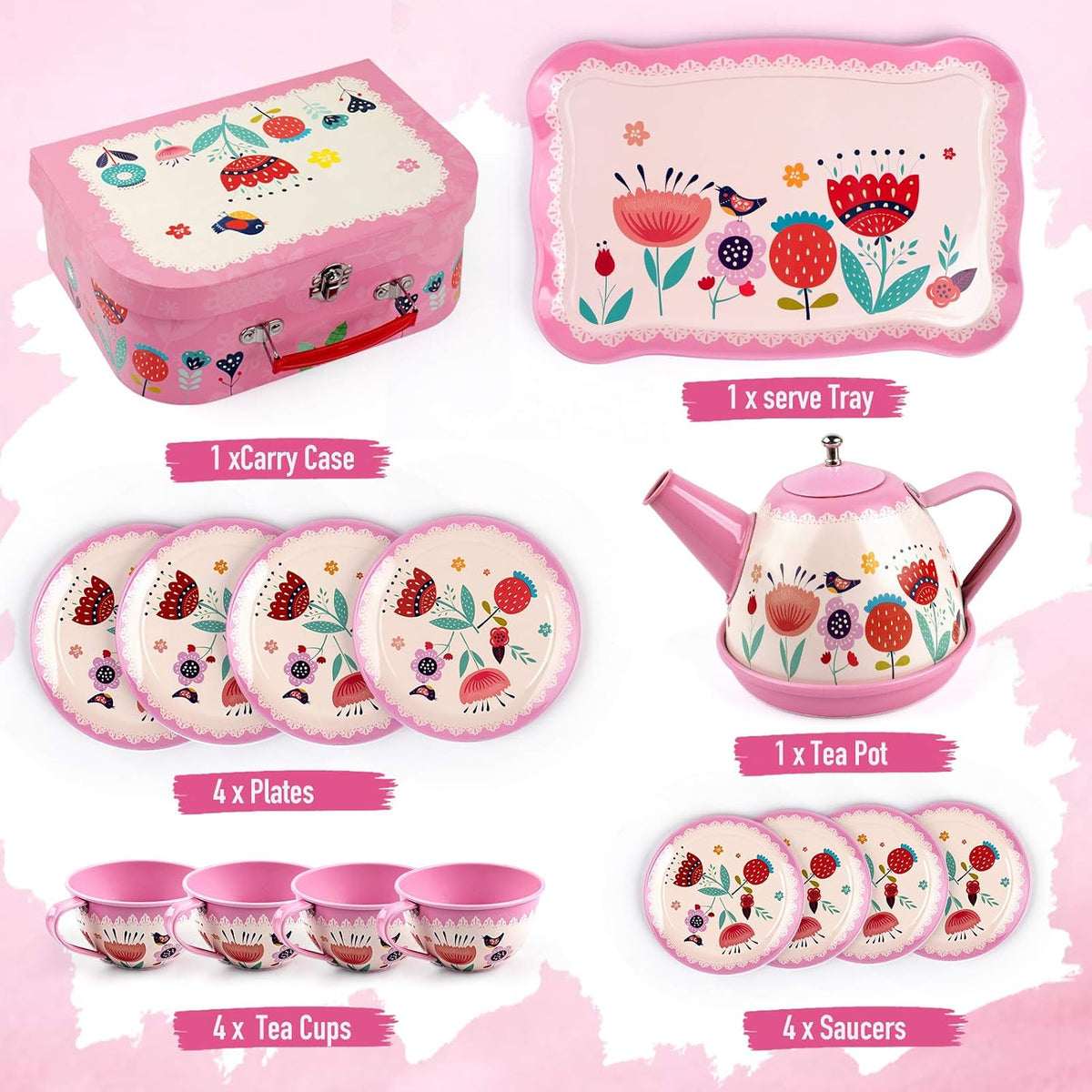 Tea Party Set for Little Girls, 15Pcs Pink Tin Tea Set for Toddler