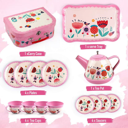 Tea Party Set for Little Girls, 15Pcs Pink Tin Tea Set for Toddler