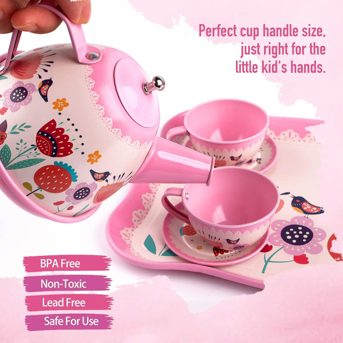 Tea Party Set for Little Girls, 15Pcs Pink Tin Tea Set for Toddler