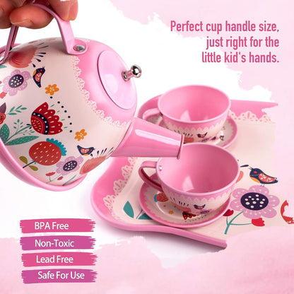 Tea Party Set for Little Girls, 15Pcs Pink Tin Tea Set for Toddler