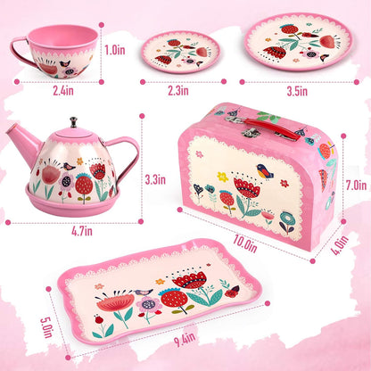 Tea Party Set for Little Girls, 15Pcs Pink Tin Tea Set for Toddler