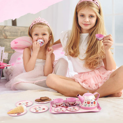 Tea Party Set for Little Girls, 15Pcs Pink Tin Tea Set for Toddler