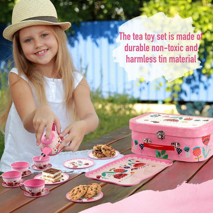 Tea Party Set for Little Girls, 15Pcs Pink Tin Tea Set for Toddler