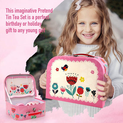 Tea Party Set for Little Girls, 15Pcs Pink Tin Tea Set for Toddler