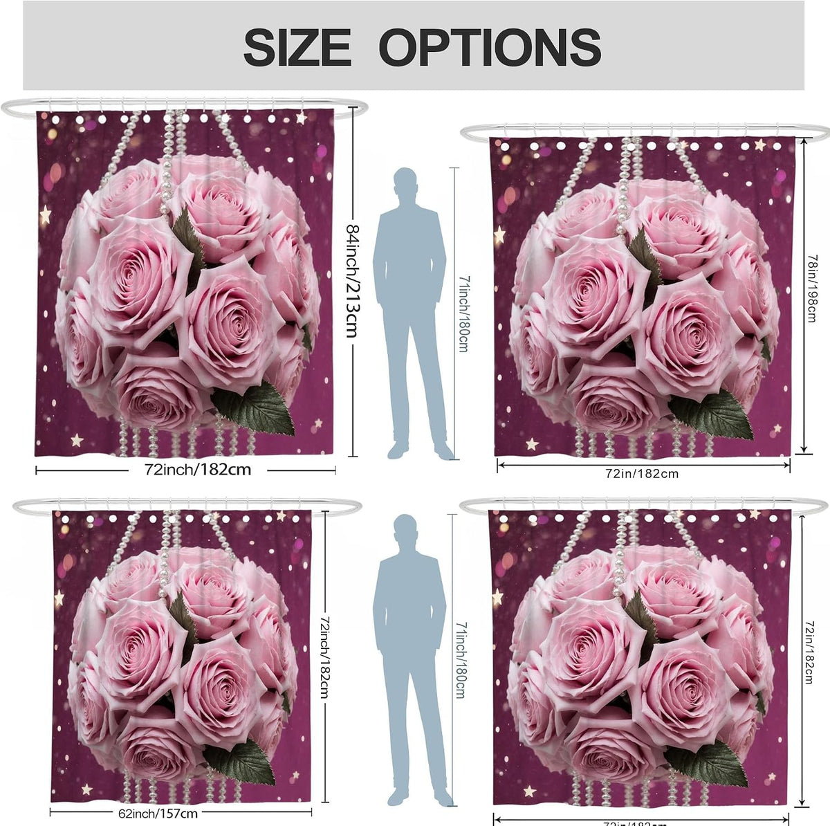 Roses Shower Curtain, Romantic Elegant Pearls Stars Spring Peach Waterproof Fabric Design Print Bath Curtains for Bathroom Toile Guest Room Decor 72x72 Inch