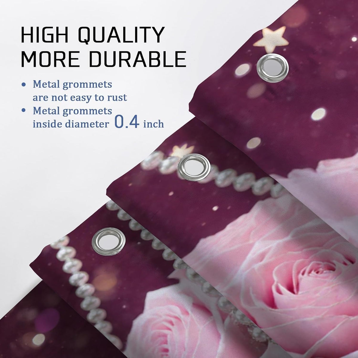 Roses Shower Curtain, Romantic Elegant Pearls Stars Spring Peach Waterproof Fabric Design Print Bath Curtains for Bathroom Toile Guest Room Decor 72x72 Inch