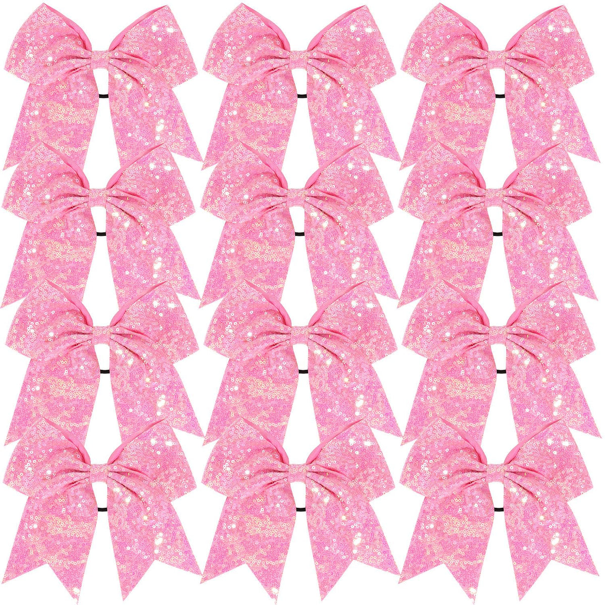 12 Pcs Large Glitter Ponytail Holders - Big 8" Hair Bows and Elastic Hair Ties for Cheerleaders, Sports and Teens (Pink)