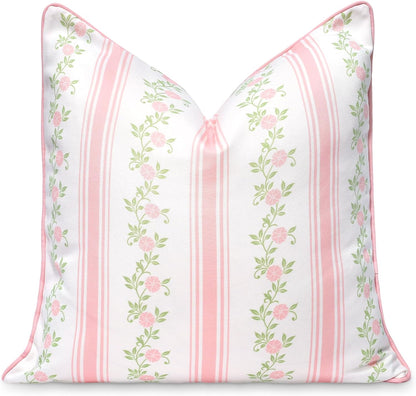 Coastal Patio Indoor Outdoor Throw Pillow Cover Only, 20"x20" Water Repellent for Backyard, Couch, Blush Pink Print Stripe Floral