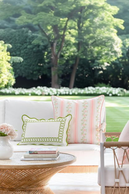 Coastal Patio Indoor Outdoor Throw Pillow Cover Only, 20"x20" Water Repellent for Backyard, Couch, Blush Pink Print Stripe Floral