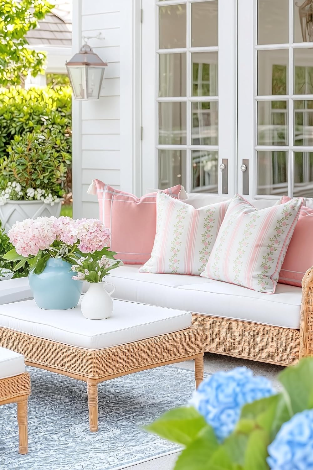 Coastal Patio Indoor Outdoor Throw Pillow Cover Only, 20"x20" Water Repellent for Backyard, Couch, Blush Pink Print Stripe Floral
