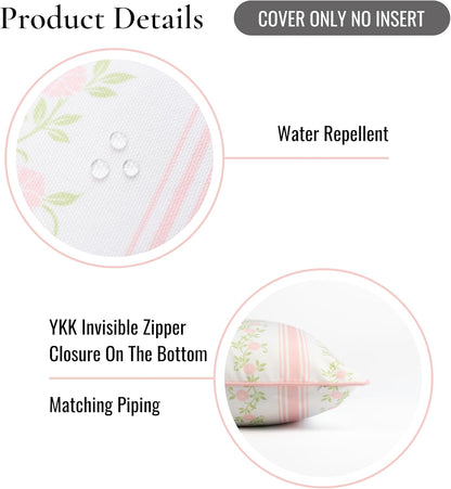 Coastal Patio Indoor Outdoor Throw Pillow Cover Only, 20"x20" Water Repellent for Backyard, Couch, Blush Pink Print Stripe Floral