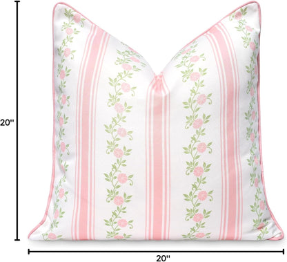 Coastal Patio Indoor Outdoor Throw Pillow Cover Only, 20"x20" Water Repellent for Backyard, Couch, Blush Pink Print Stripe Floral