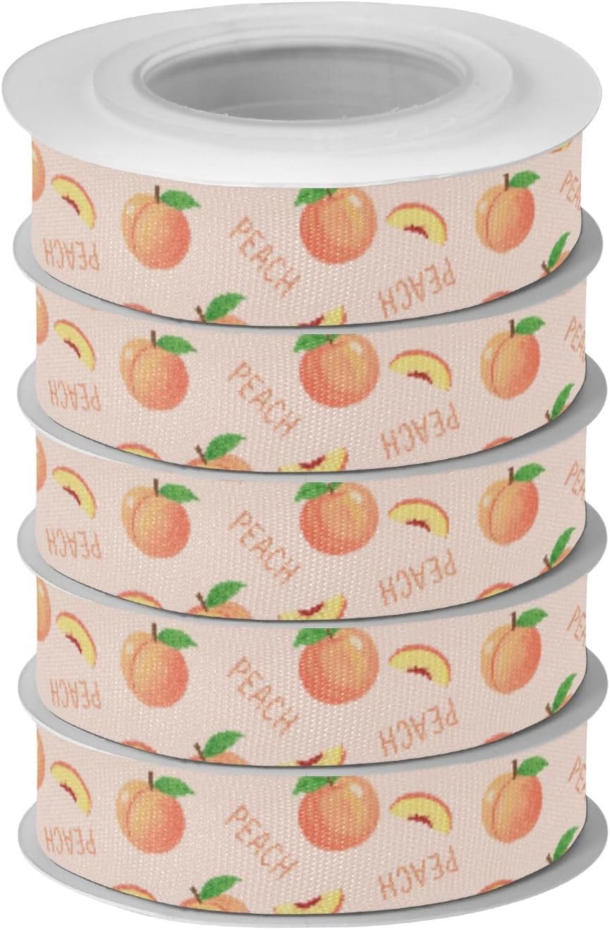 Fruit Peaches Pink Pattern 5 Rolls 25 Yards Fabric Ribbon for Gift Wrapping 3/5 inch Holiday Festival Ribbon Set for Wreath Bow DIY Crafts Party Xmas Wedding Decorations