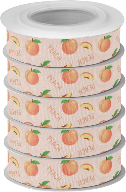 Fruit Peaches Pink Pattern 5 Rolls 25 Yards Fabric Ribbon for Gift Wrapping 3/5 inch Holiday Festival Ribbon Set for Wreath Bow DIY Crafts Party Xmas Wedding Decorations