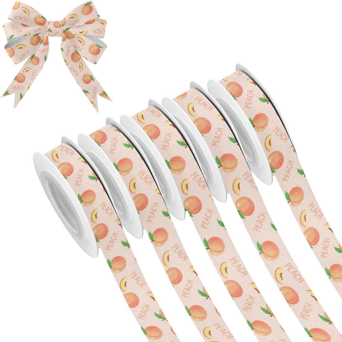 Fruit Peaches Pink Pattern 5 Rolls 25 Yards Fabric Ribbon for Gift Wrapping 3/5 inch Holiday Festival Ribbon Set for Wreath Bow DIY Crafts Party Xmas Wedding Decorations