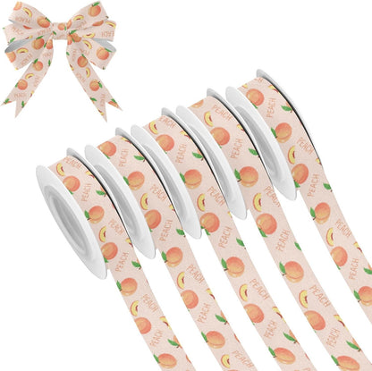 Fruit Peaches Pink Pattern 5 Rolls 25 Yards Fabric Ribbon for Gift Wrapping 3/5 inch Holiday Festival Ribbon Set for Wreath Bow DIY Crafts Party Xmas Wedding Decorations