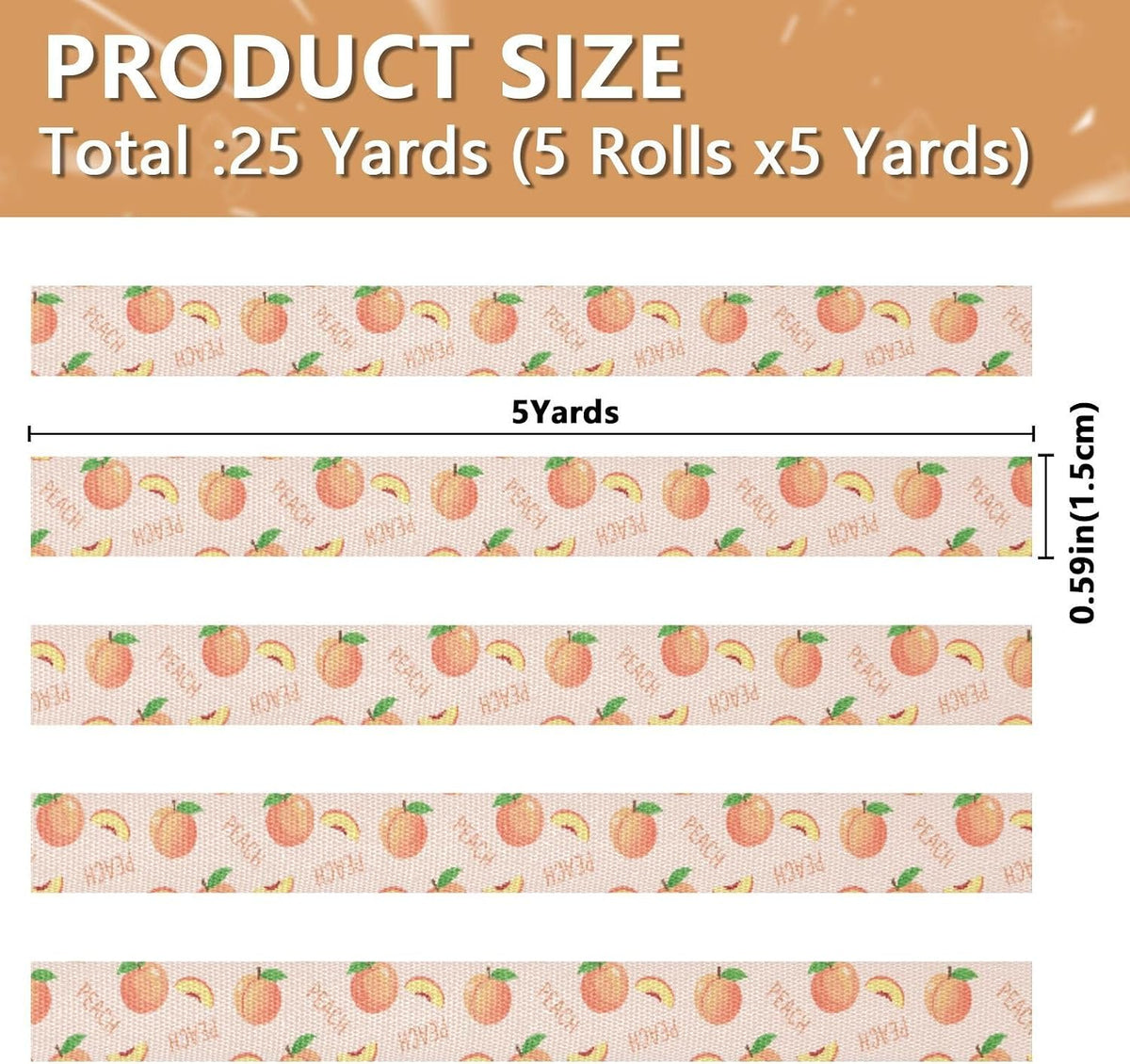 Fruit Peaches Pink Pattern 5 Rolls 25 Yards Fabric Ribbon for Gift Wrapping 3/5 inch Holiday Festival Ribbon Set for Wreath Bow DIY Crafts Party Xmas Wedding Decorations