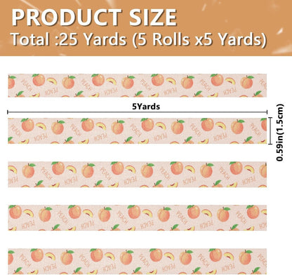 Fruit Peaches Pink Pattern 5 Rolls 25 Yards Fabric Ribbon for Gift Wrapping 3/5 inch Holiday Festival Ribbon Set for Wreath Bow DIY Crafts Party Xmas Wedding Decorations