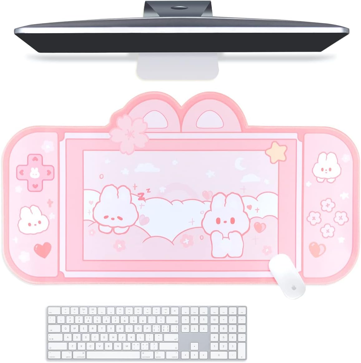 Bunny Desk Pad | NS Switch Keyboard Gaming Mat Large Mousepad | Pastel Pink Kawaii Anime Desk Blotter Protector | Pink Rabbit Desk Mat for Gaming Office Home Decor Cute Desk Setup (Large)
