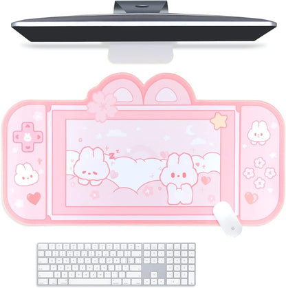 Bunny Desk Pad | NS Switch Keyboard Gaming Mat Large Mousepad | Pastel Pink Kawaii Anime Desk Blotter Protector | Pink Rabbit Desk Mat for Gaming Office Home Decor Cute Desk Setup (Large)